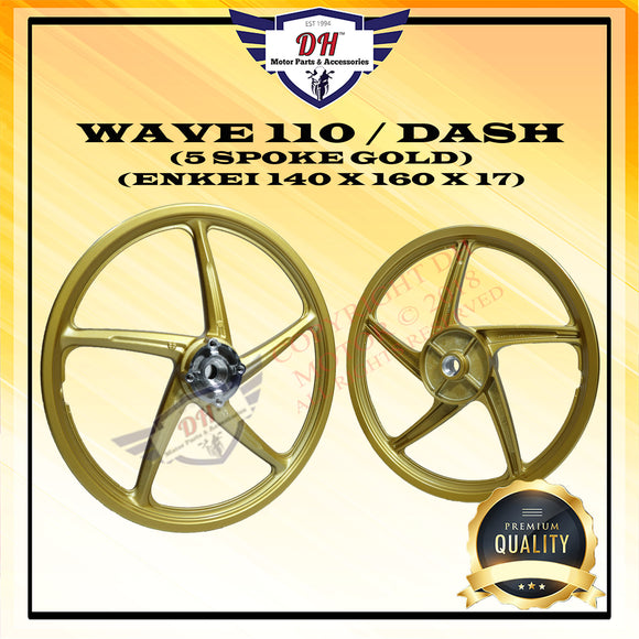 WAVE 110 / DASH V1 / V2 SPORT RIM ENKEI WITH BUSH AND BEARING 5 SPOKE 140 X 160 X 17 (GOLD) SINGLE DISC HONDA